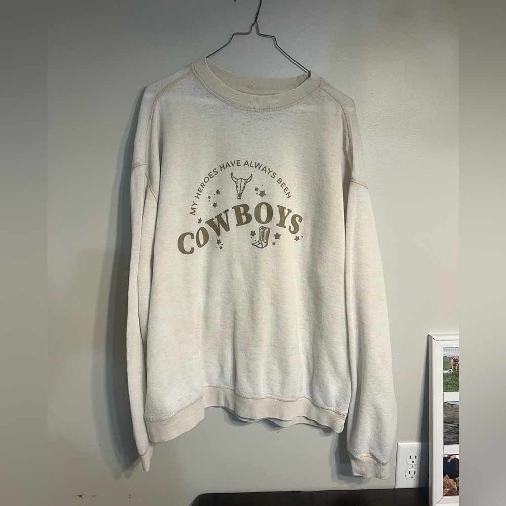Women’s My Heroes Have Always Been Cowboys Cream Graphic Crewneck Sweatshirt